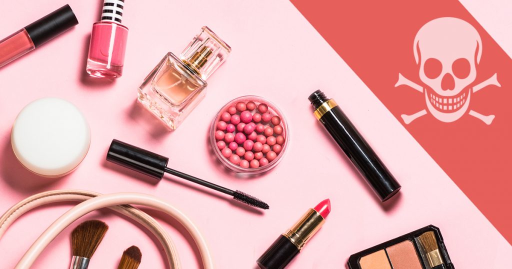 10 Common Toxins in Cosmetics Makeup and perfume beside a skull and crossbones